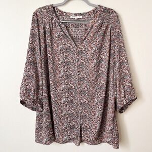 Rose & Olive Floral V Neck Button Front Blouse Top Womens Plus 1X Smocked